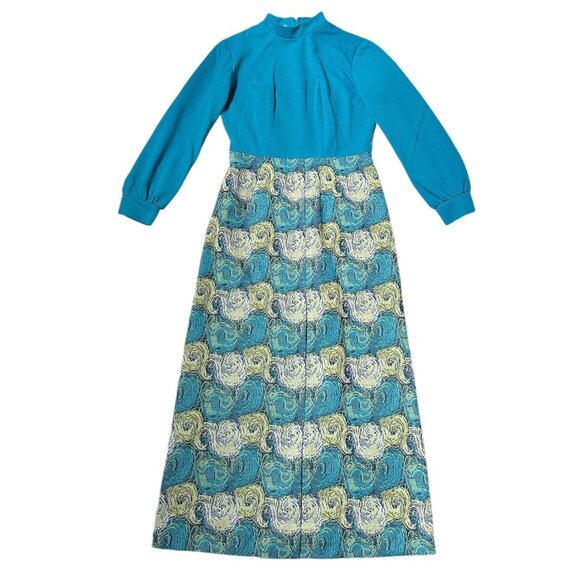 70s vintage mockneck maxi dress long bishop sleeve abstract pattern union made. - Picture 1 of 8